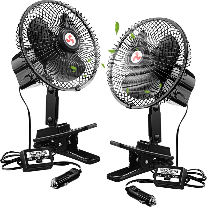 Tujoe 7" Portable Car Fan with Cigarette Lighter Electric Cooling - 12 Volt Oscillating Automobile Fan, 360 Degree Swivel with Clip for Truck Camping Supplies, Black (2 Pcs) - Image 1